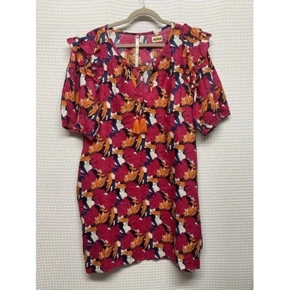 NWOT Uncle Frank FloralPink Ruffle Shoulder Midi Dress Women XL India 100% Linen